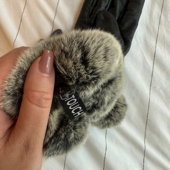 Leather Winter Gloves Fleece Lined Grey Fur Cuff Large Black Touch - Picture 4 of 4